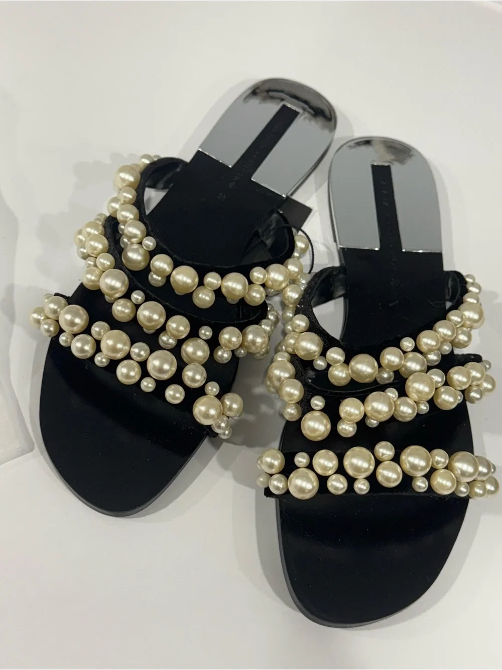 Zara Black Slide Sandals with Ivory Pearl Straps - Picture 2 of 3
